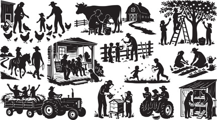 Set of black silhouette illustrations showing people working on a farm with animals tractor barn and trees in a rural country lifestyle collection isolated on white background, Vector, illustration © RobiulIslam