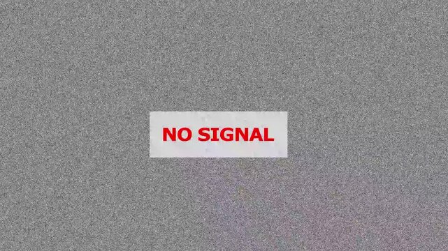 Static screen displays no signal message over grainy television broadcast texture, broadcast failure.