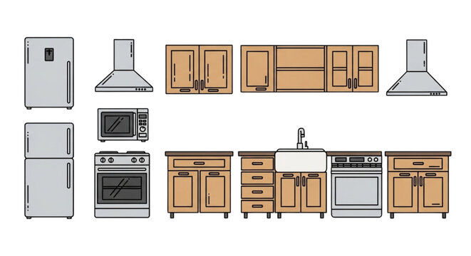 Kitchen Cabinet and Appliance CAD Blocks Set with Modular Layout, Sink Unit, Stove and Storage Elements Front Elevation