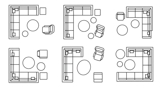 Living Room Furniture Layout CAD Blocks Set with Sofa Configurations, Coffee Tables and Seating Arrangements Top View
