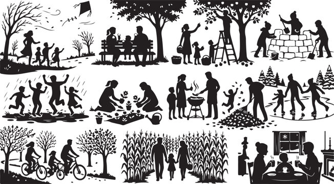 Black silhouette collection of happy families doing outdoor activities and seasonal hobbies in nature throughout the four seasons of the year isolated on white background, Vector, illustration