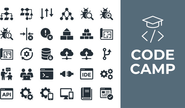 Code camp icons depict software development and technical learning.