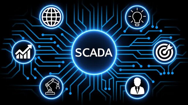 Scada concept with circuit lines and digital symbols hovering above a businessman, technology. manufacturing process management all connected in a digital circle like pattern.