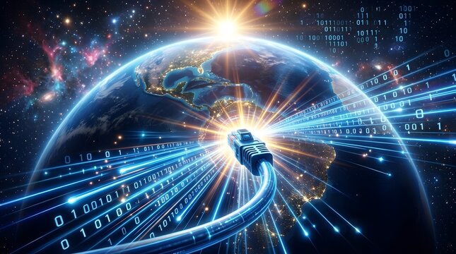 Digital illustration of an ethernet network cable connected to planet Earth in space, featuring glowing binary code data streams, fiber optic light trails, and a sunburst over the horizon.