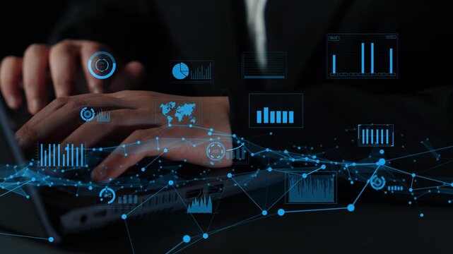 A professional setting featuring hands typing on a laptop, surrounded by visual representations of data analysis and technology, symbolizing modern business practices. Xenic