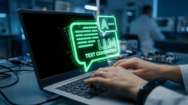 Person typing on laptop keyboard with digital green neon hologram overlay displaying LLM text generation and chat speech bubbles, representing artificial intelligence in a lab.