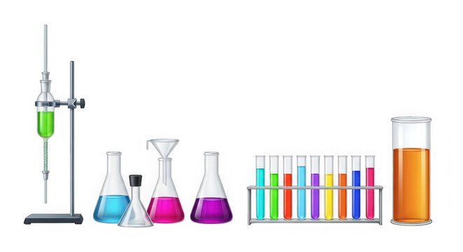Colorful laboratory equipment and glassware on transparent background