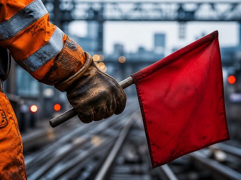 Railway Safety Signal Action Train Tracks Photography Urban Environment Side Perspective Railway Worker Holding Red Flag
