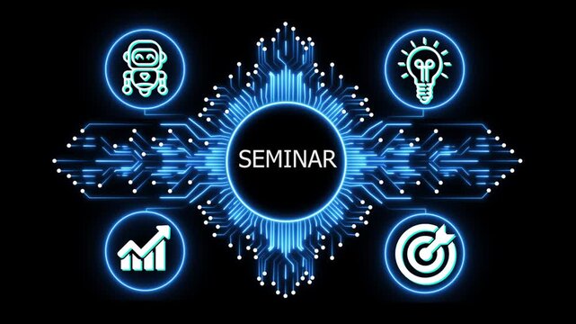 seminar logo on glowing circuit board network, connected business icons for finance, analytics, partnership, growth and innovation on black background