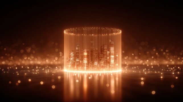 Futuristic glowing orange light cylinder with vertical lines and abstract digital particles