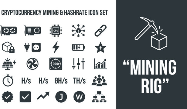 Cryptocurrency mining icons illustrate blockchain technology assets.