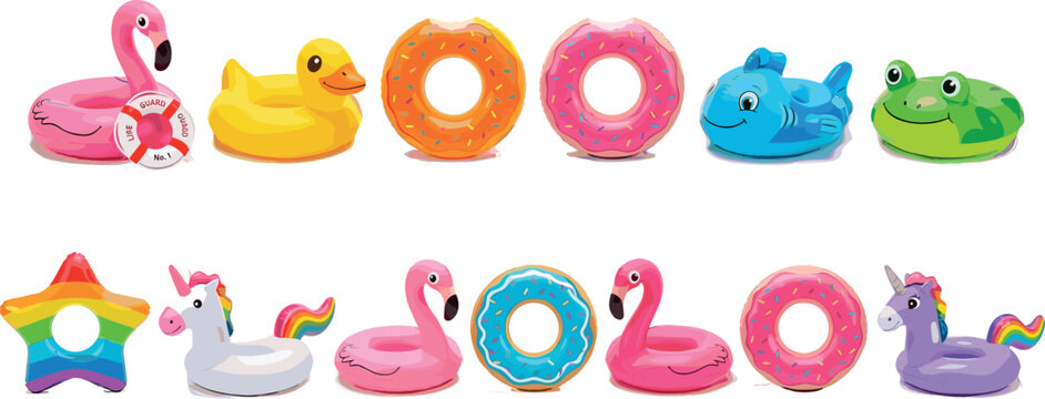 Colorful Pool Float Collection Featuring Flamingo, Duck, Donut, Unicorn, and More for Summer, Vacation, and Pool Fun Illustrations