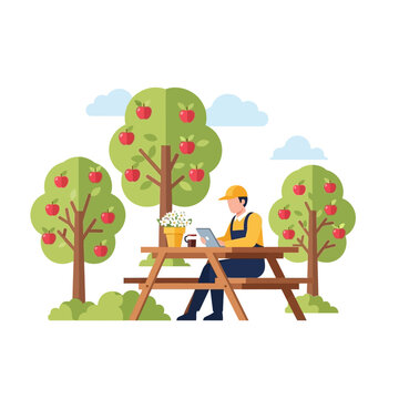 Vector illustration of a man working remotely on a laptop at a picnic table in an orchard with apple trees, demonstrating remote work