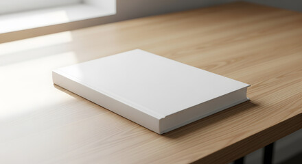 Fototapeta premium Blank white hardcover book mockup on light wooden desk