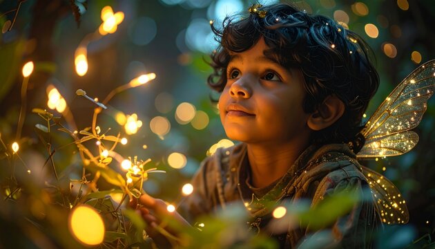a young boy with fairy wings looking at glowing lights.