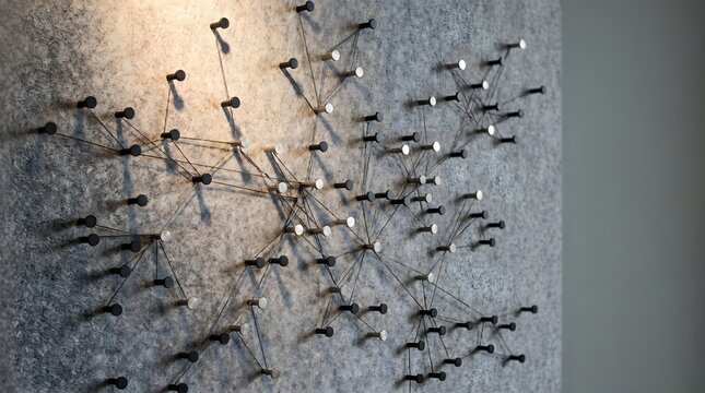 Strategic Networking Concept with Pushpins and String on Grey Felt Board

