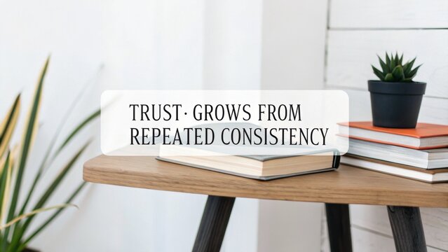 A book rests on a wooden desk with the text 'Trust Grows From Repeated Consistency' overlaid, symbolizing building reliability and knowledge.