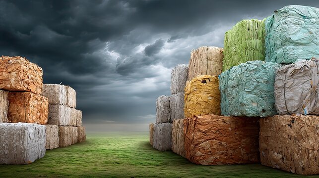 Colorful Bales of Recycled Materials Stacked on Green Field Under Dramatic Cloudy Sky, Environmental Concept Image