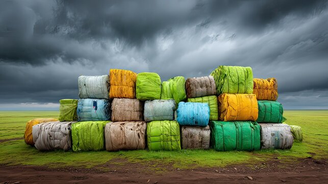 Colorful hay bales stacked against a moody sky revealing a dramatic contrast between nature and agricultural life