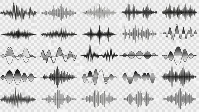 Collection of various sound wave patterns and audio waveforms.