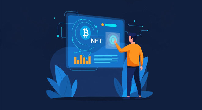 Vector illustration of a man interacting with a futuristic digital interface featuring a Bitcoin logo, NFT text, and financial bar charts on a dark blue background with foliage.
