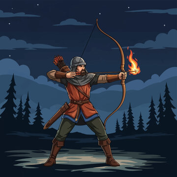 Medieval archer in steel helmet and chainmail aiming a flaming arrow with a longbow in a nighttime pine forest. Vector illustration of a soldier in a tunic against a starry sky.