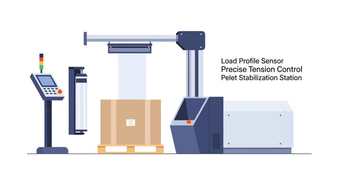 Automated Packaging Machine Wrapping a Cardboard Box on a Pallet