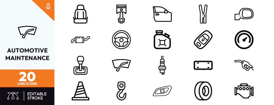 Automotive maintenance icon set line art for dashboards marketing and education visuals in clean modern style suitable for infographics presentations and UI design