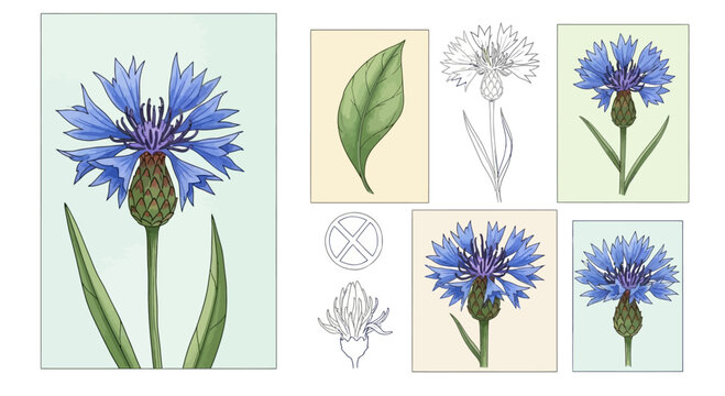 Blue Cornflower Botanical Illustration Set: Flower, Leaf, and Details