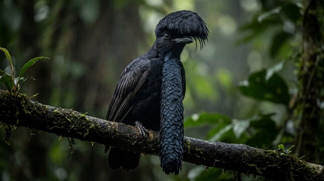 Rare Long-wattled Umbrellabird Cephalopterus penduliger Perched on a Mossy Branch in Cloud Forest