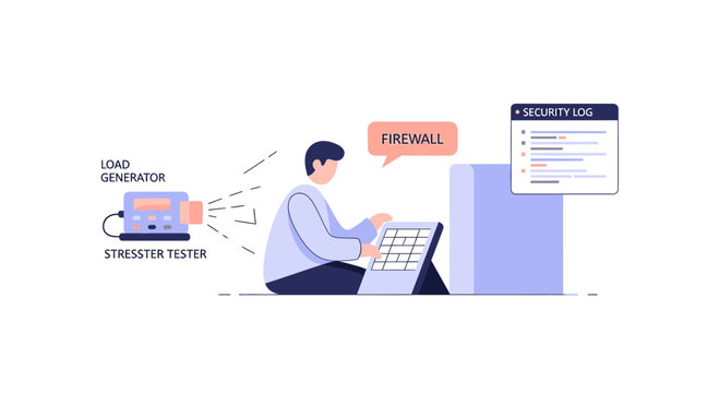 Cybersecurity professional testing firewall performance with load generator and analyzing security logs