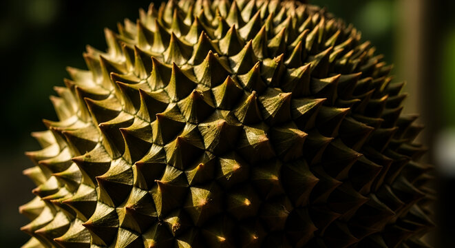 Close-up of a spiky Durian fruit showing its thorny textured rind in natural sunlight
