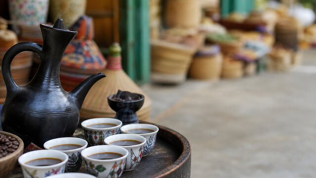 Ethiopian Coffee Ceremony Close-Up &ndash; Traditional Cups with Addis Ababa Market Background