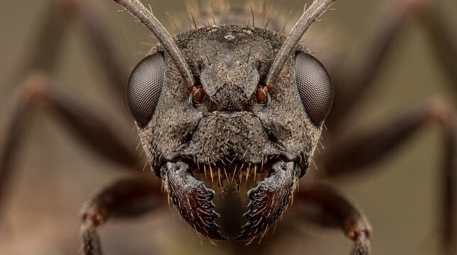 Extreme Macro of Ant Face Polyrhachis Species, Detailed Compound Eyes and Mandibles Close-up