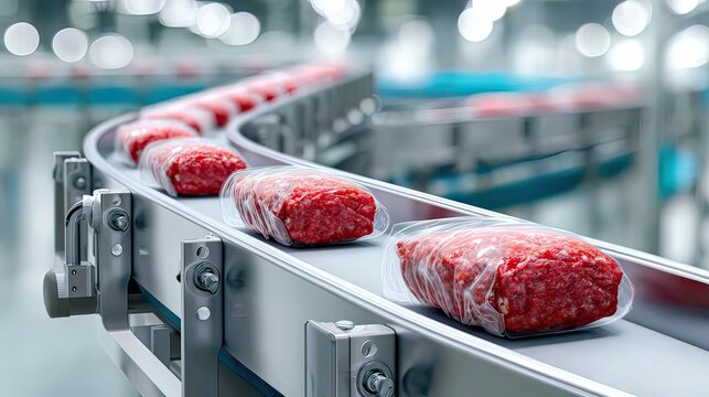 Freshly Packaged Ground Meat on Conveyor Belt in Modern Food Processing Plant