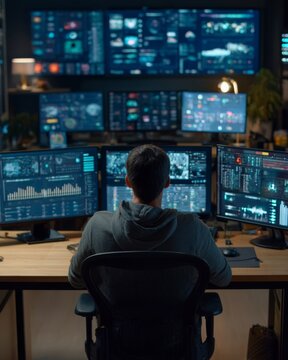 Professional monitoring multiple digital dashboards in a control room, representing data analysis, cybersecurity operations, system monitoring, and business intelligence.