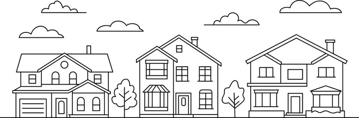 Suburban houses line art set, residential buildings outline, neighborhood homes vector illustration for real estate © Sume