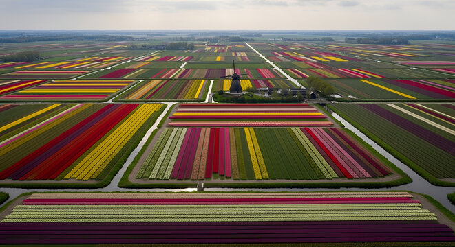 Aerial view of vast colorful tulip fields in Holland with a traditional windmill and canals