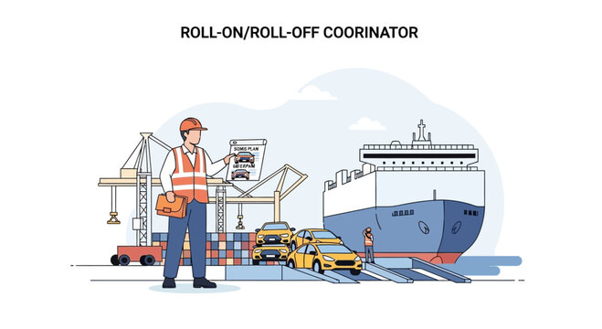 Logistics Coordinator Supervising Roll-On/Roll-Off Ship Loading of Cars at Port