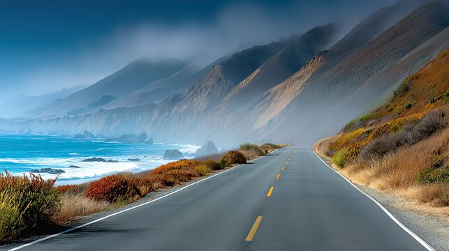 Scenic Coastal Road with Dramatic Mountains and Misty Ocean View Captured in Early Morning Light