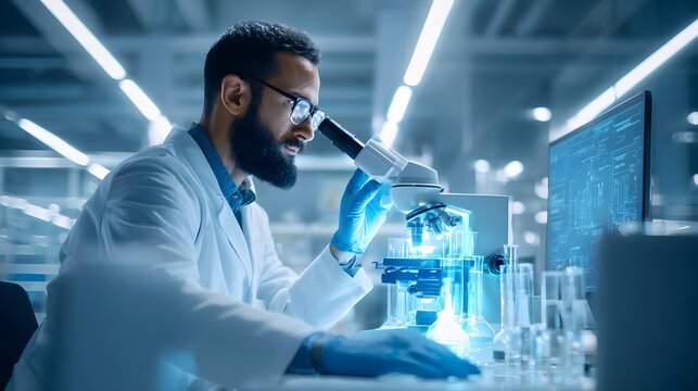 Scientist using microscope in laboratory setting