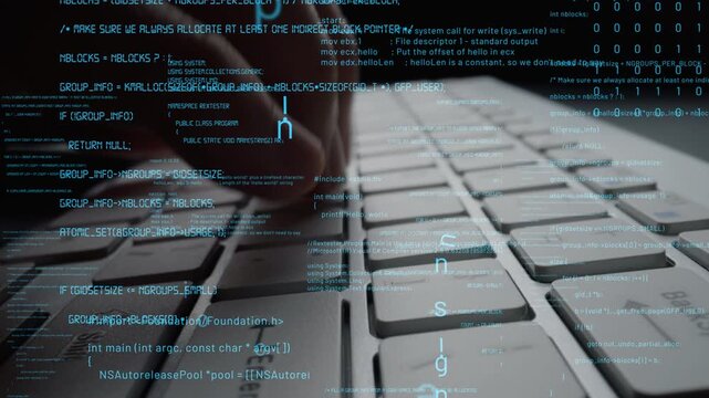 A close-up view of hands typing on a modern keyboard, surrounded by flowing lines of digital code, representing the world of programming and data analysis in technology. Xenic
