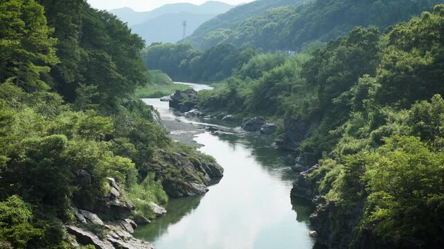 埼玉県長瀞町の荒川、緑の山並みと岩場に囲まれた夏の渓谷風景4K映像