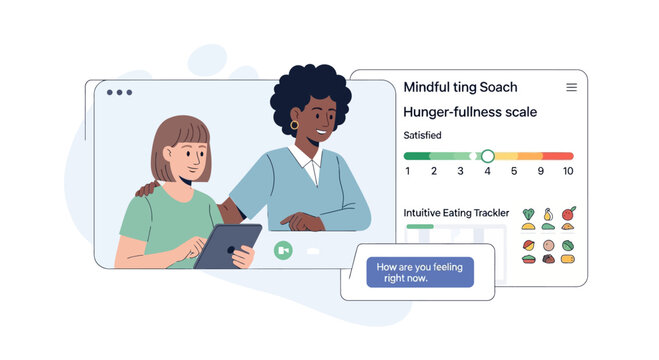Mindful eating coach helps client with hunger-fullness scale during video call