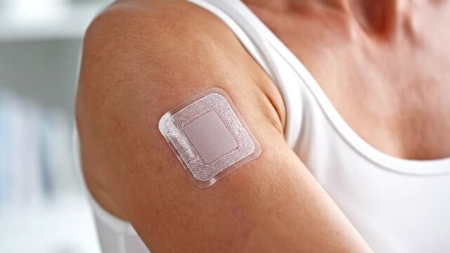Medical Transdermal Nicotine Patch Close Up On Woman Shoulder In Bright Home Setting
