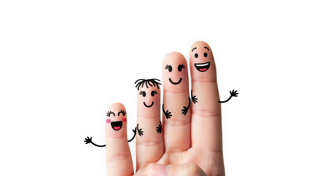 Three cartoon finger characters with smiling faces on transparent background
