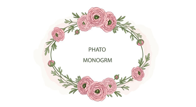 Pink Ranunculus Flower Wreath Frame with "Phato Monogrm" Text