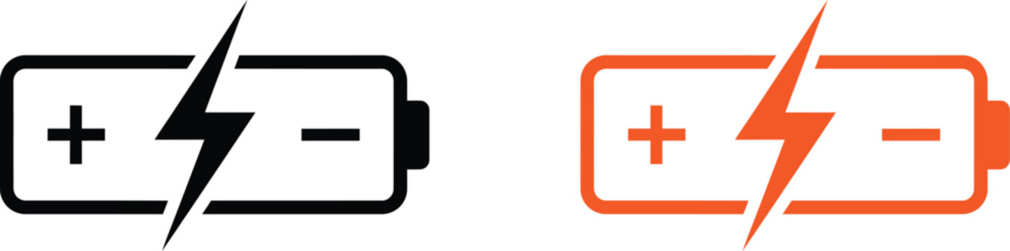 Black and orange battery icon set with lightning bolt symbol for energy charge Vector
