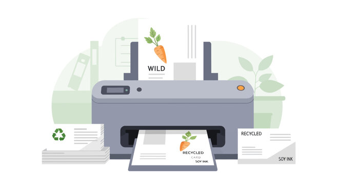 Printer printing business cards and documents with carrot logo and recycling symbol