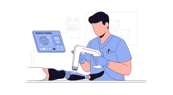 Prosthetist scans prosthetic leg with 3D scanner near monitor displaying scan data